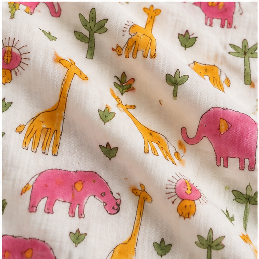 Pink Elephant & Giraffe Reversible Hand Block Printed Mulmul Cotton Baby Dohar (40x60 in)