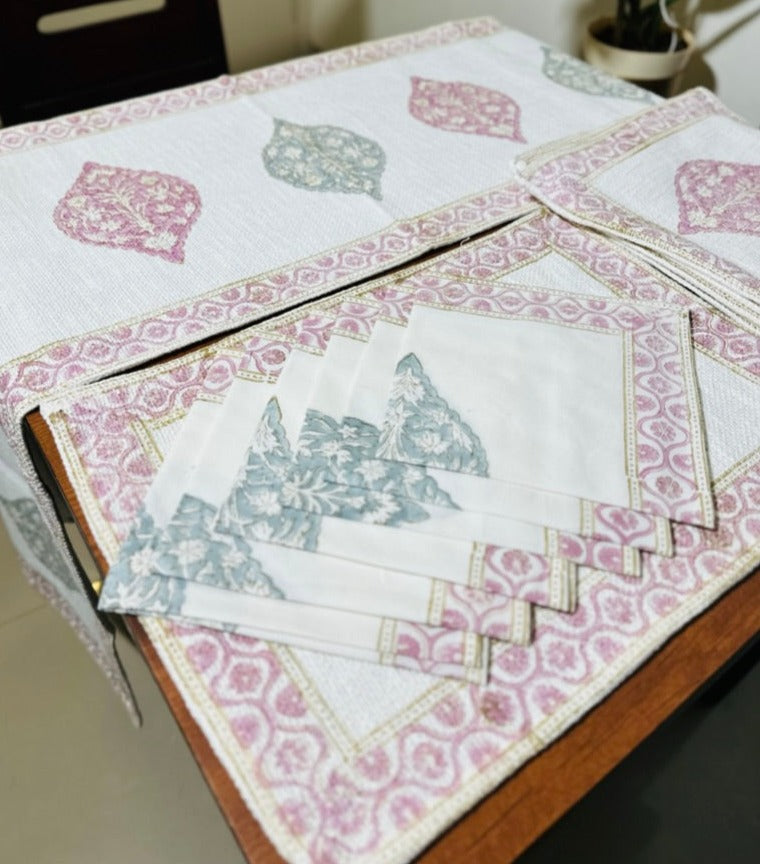 Mosaic Lilac Teal Hand Block Print 6 Seater Dining Table Mat Set - Table Runner, Table Mats and Napkins (13 Pcs.)