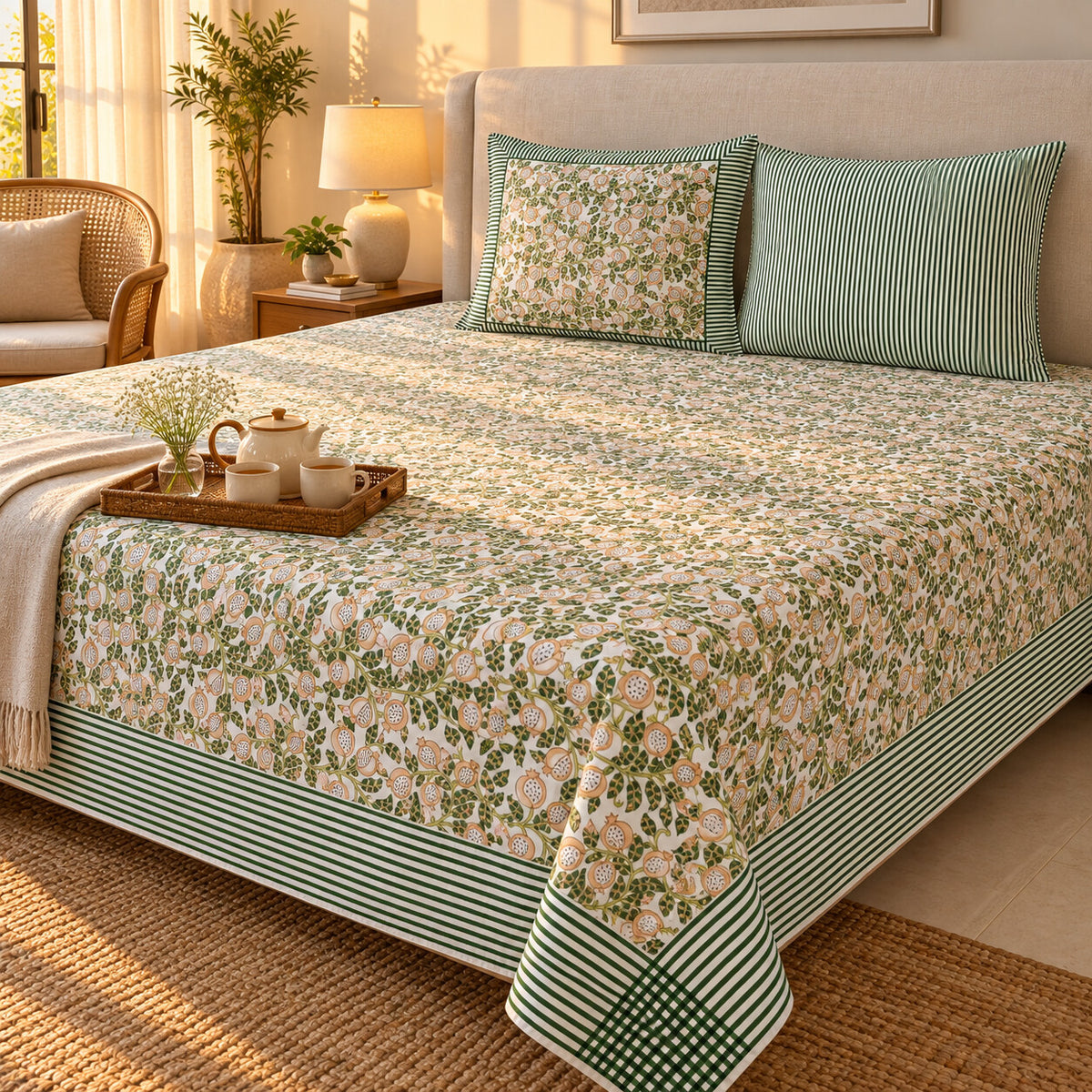 Sage Pomegranate Vine Khwaab Bedsheet - BS_KH_KS_001 - golden hour lifestyle