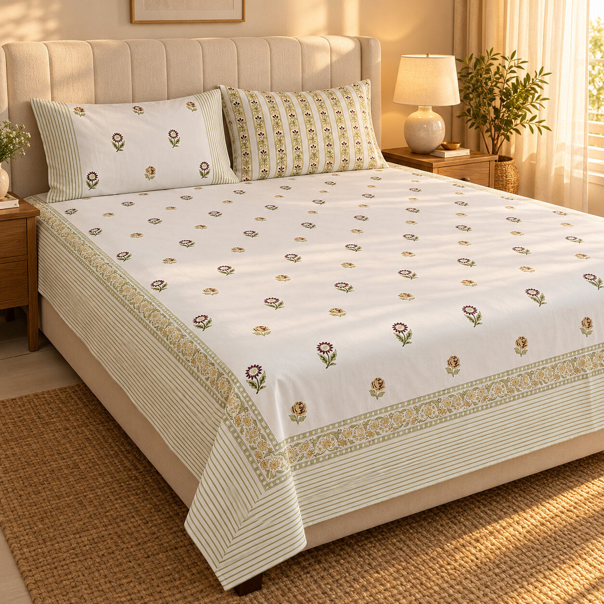 Plum Sunflower Buti Khwaab Bedsheet - BS_KH_KS_004 - golden hour lifestyle