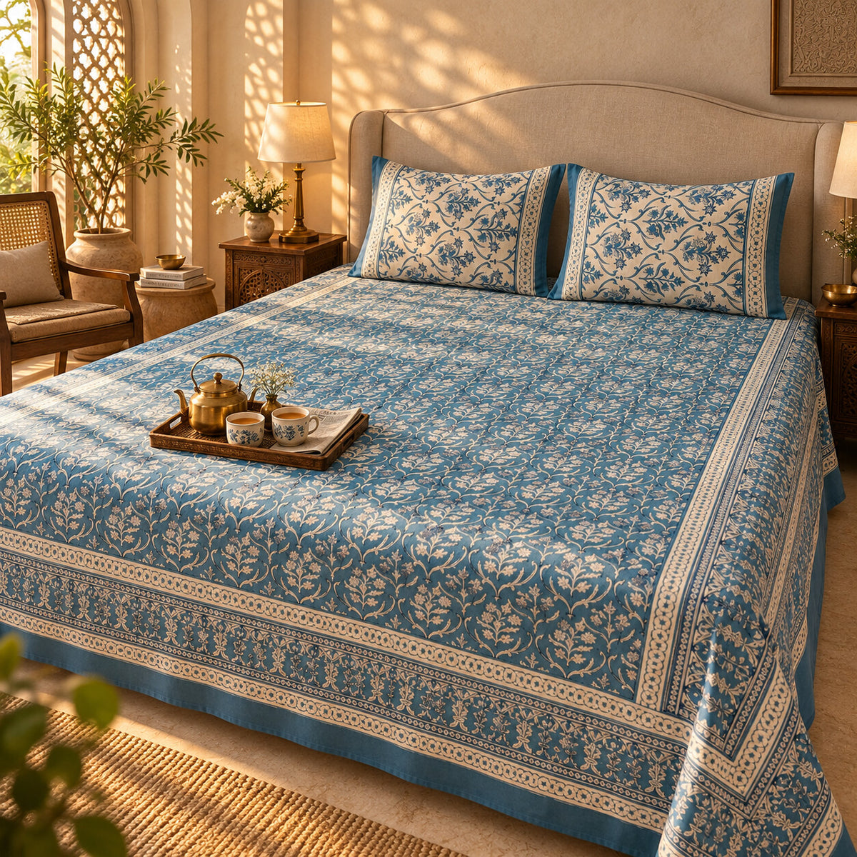 Sky Blue Floral Jaal Naaz Bedsheet - BS_NZ_KS_004 - golden hour