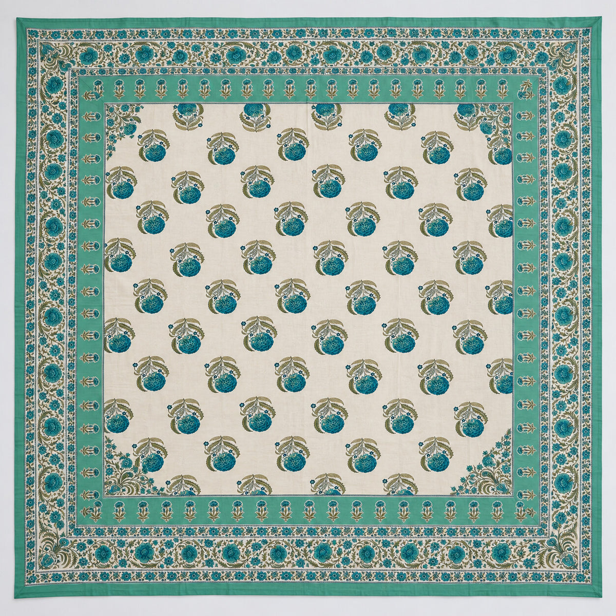 Ivory Teal Floral Rangrez Bedsheet - BS_RZ_KS_012 - full print