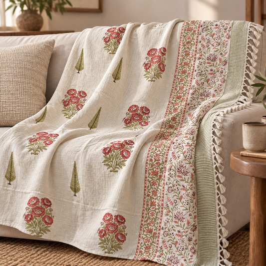 Crimson Peony Cypress Baithak Hand Block Printed Cotton Jute Sofa Throw (60x90 in)