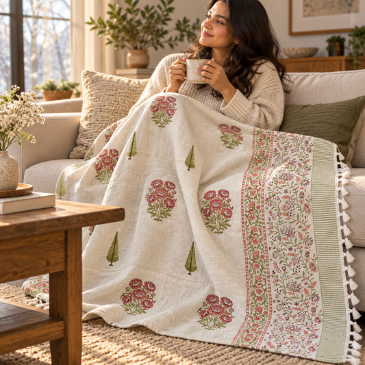 Brick Rose Cypress Baithak Hand Block Printed Cotton Jute Sofa Throw (60x90 in)