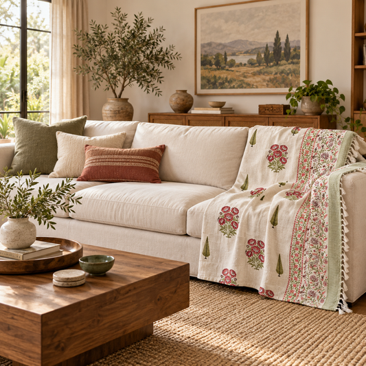 Brick Rose Cypress Baithak Hand Block Printed Cotton Jute Sofa Throw (60x90 in)
