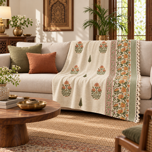 Saffron Garden Baithak Hand Block Printed Cotton Jute Sofa Throw (60x90 in)