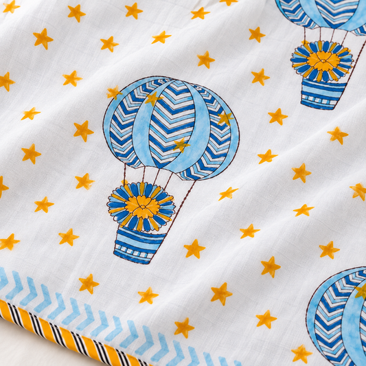 Hot Air Balloon Stars Reversible Hand Block Printed Mulmul Cotton Baby Dohar (40x60 in)