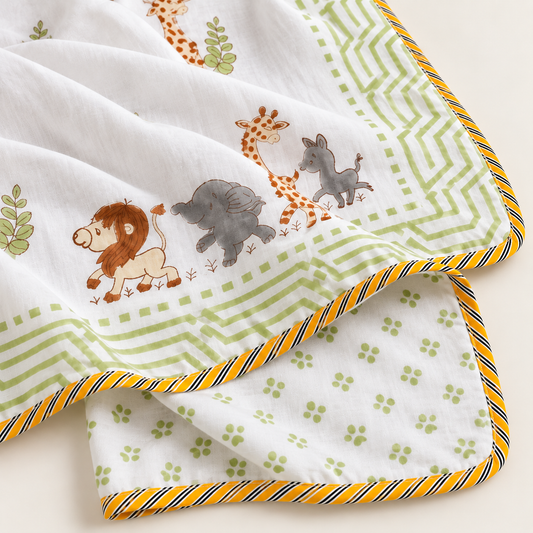 Jungle Parade Reversible Hand Block Printed Mulmul Cotton Baby Dohar (40x60 in)