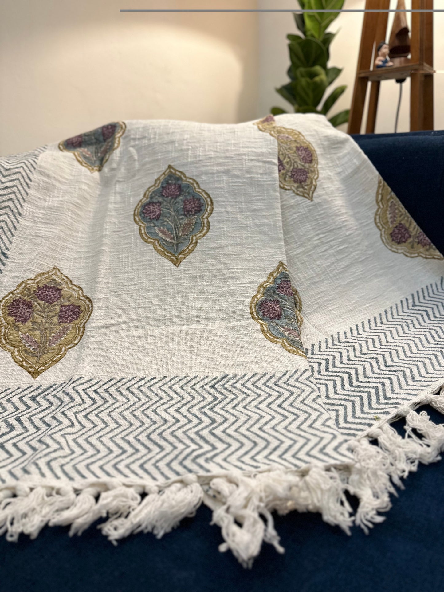Jharoka Mosaic Hand Block Printed 100% Cotton Jute Sofa Throw