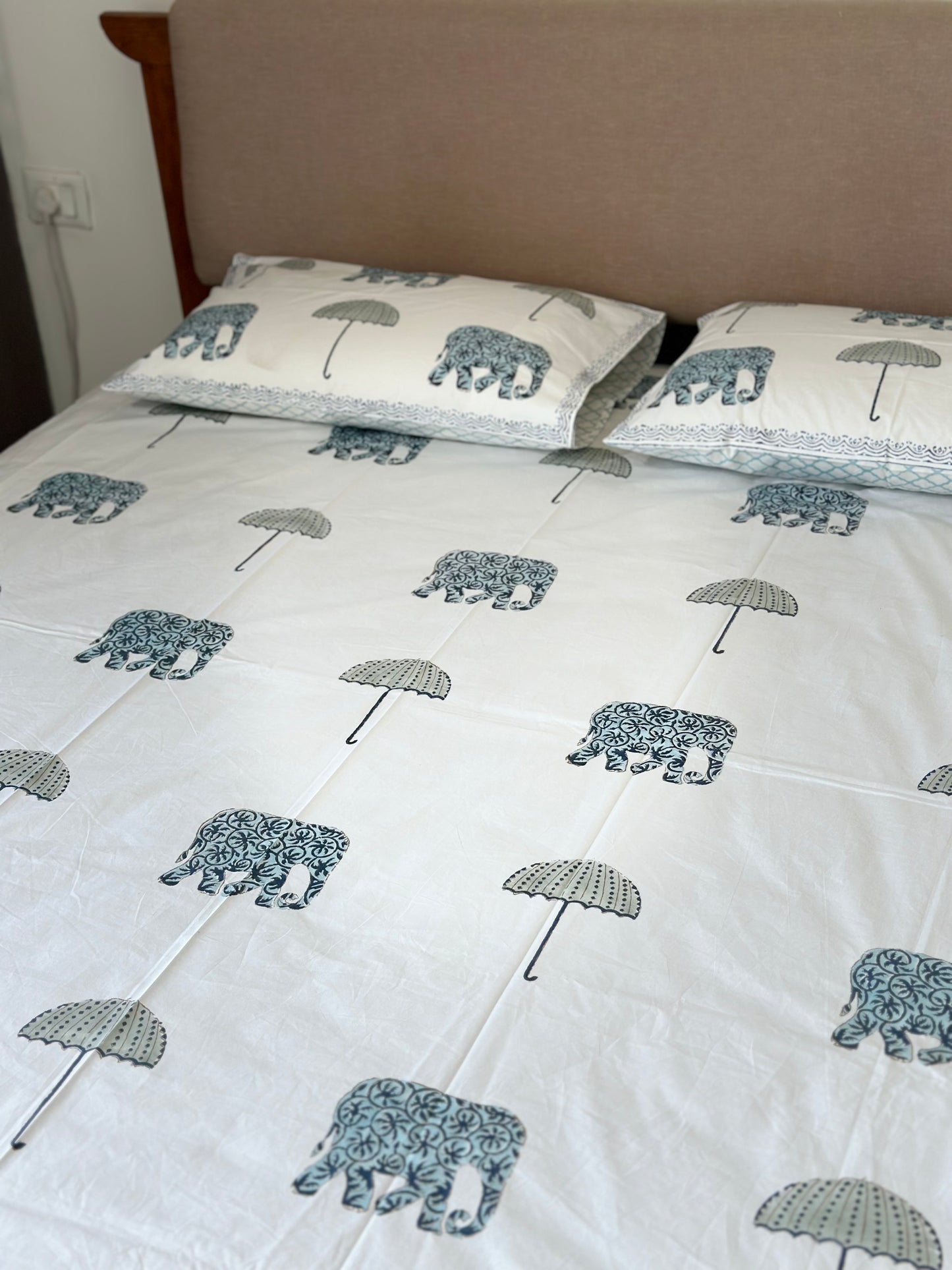 Hathi & Chatri: 100% Cotton Block Printed White Bed Sheet - King Size with 2 Pillow Cover