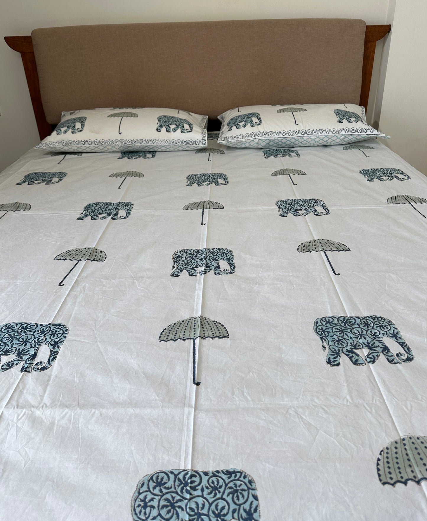 Hathi & Chatri: 100% Cotton Block Printed White Bed Sheet - King Size with 2 Pillow Cover