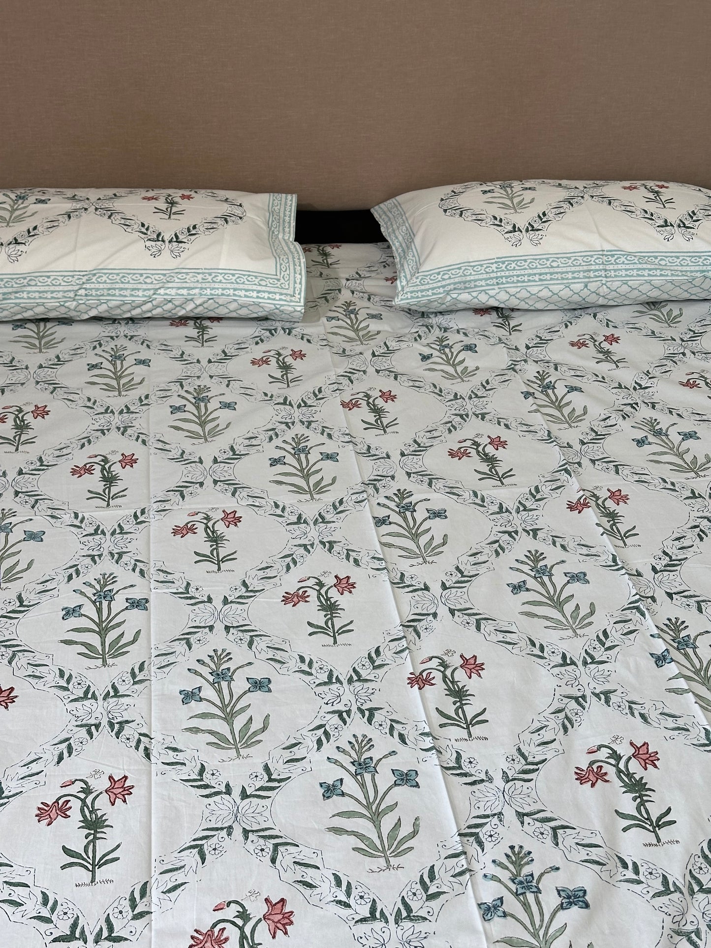 Guldasta Wine Jal : 100% Cotton Block Printed Bed Sheet - King Size with 2 Pillow Cover