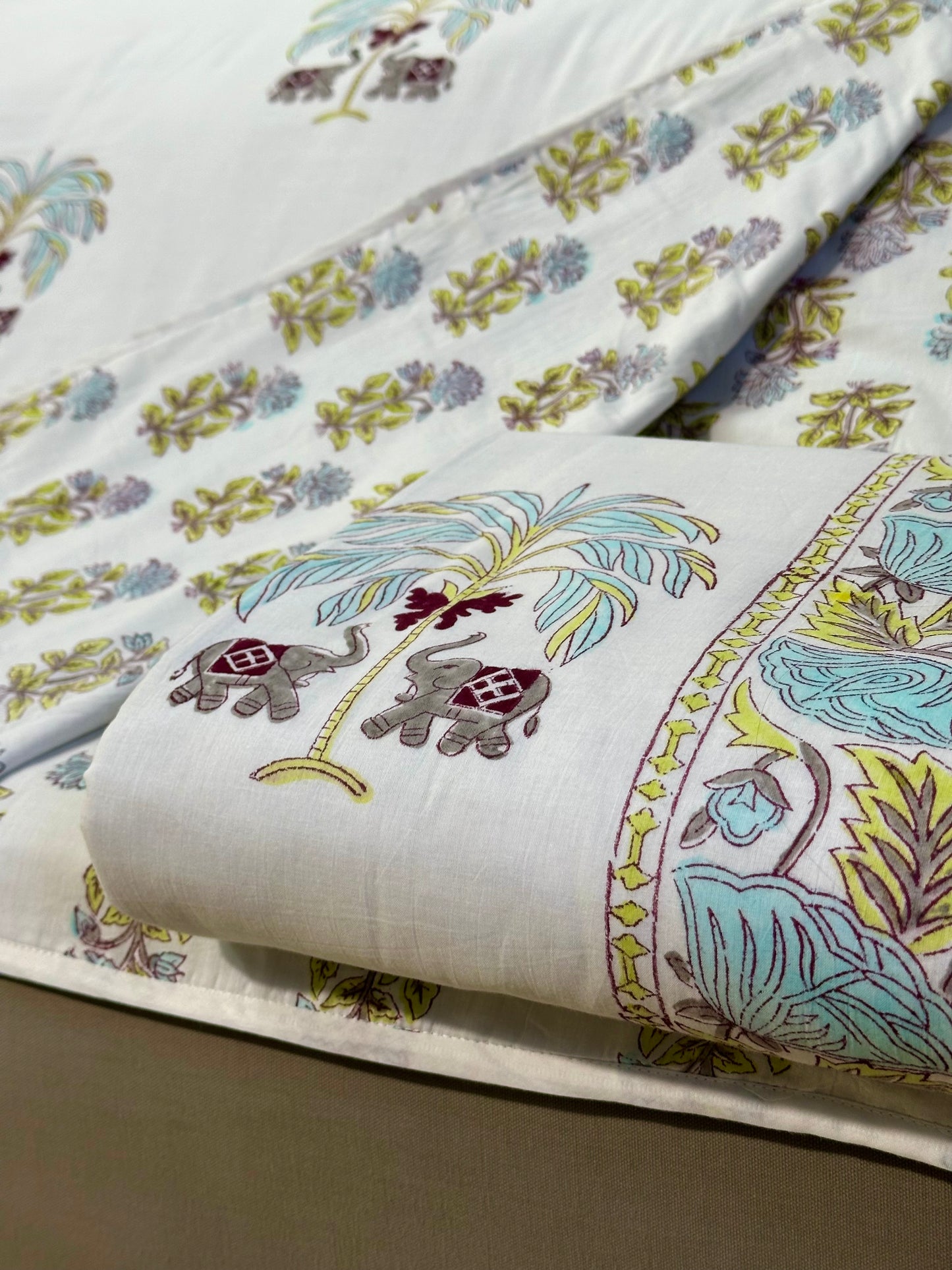 Hathi & Nariyal: 100% Cotton Mulmul Double Side Hand Block Printed Dohar (Set of 2)
