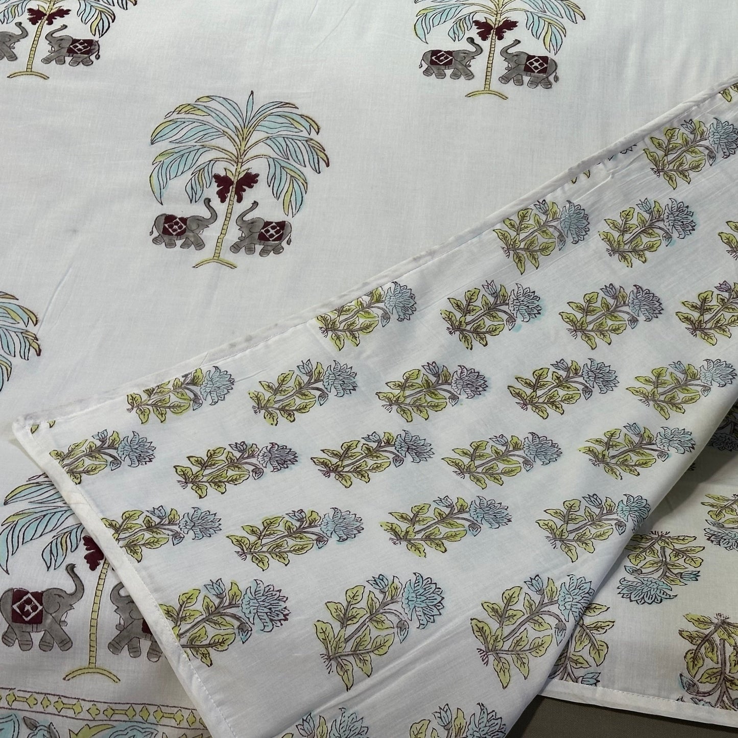 Hathi & Nariyal: 100% Cotton Mulmul Double Side Hand Block Printed Dohar (Set of 2)
