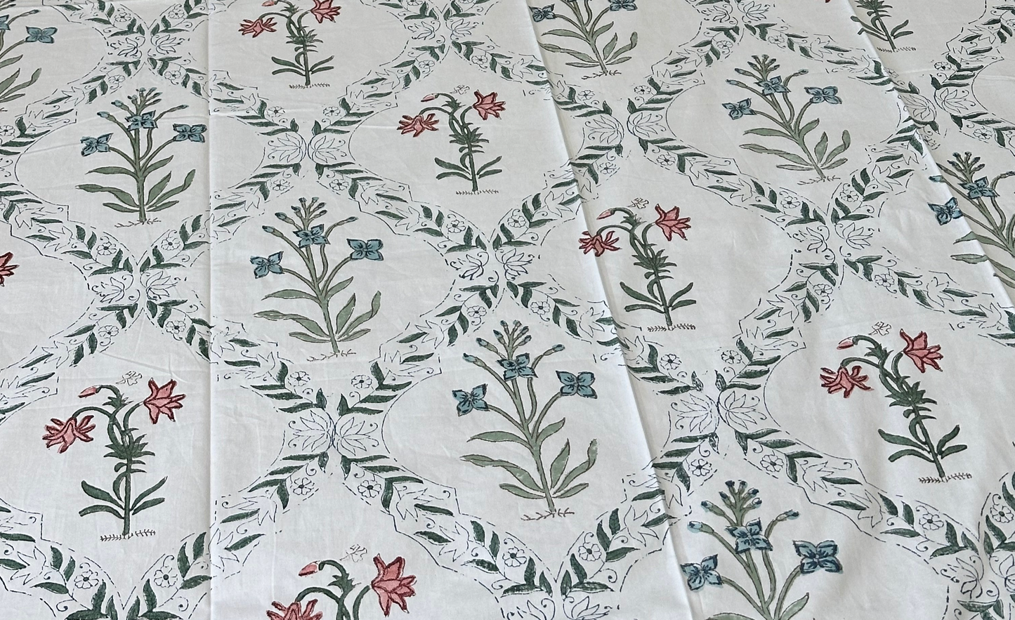 Guldasta Wine Jal : 100% Cotton Block Printed Bed Sheet - King Size with 2 Pillow Cover