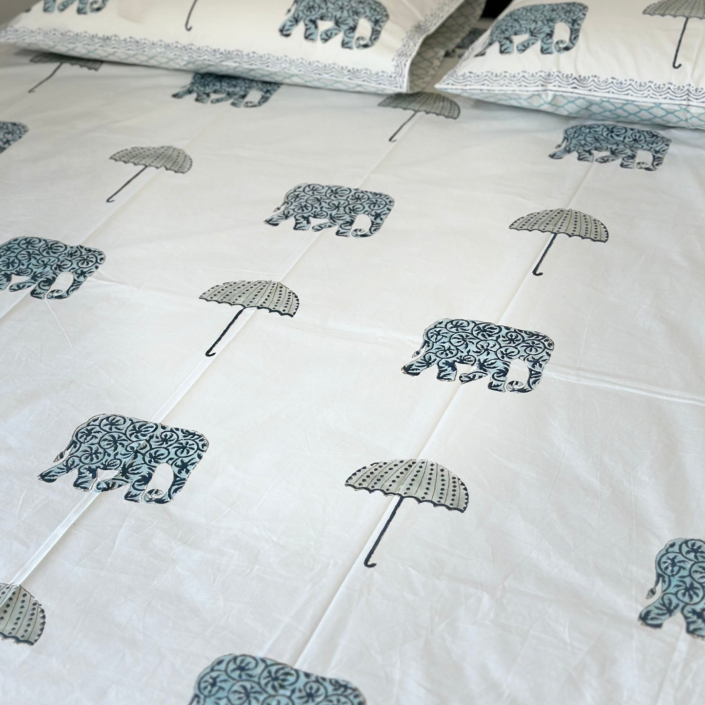Hathi & Chatri: 100% Cotton Block Printed White Bed Sheet - King Size with 2 Pillow Cover