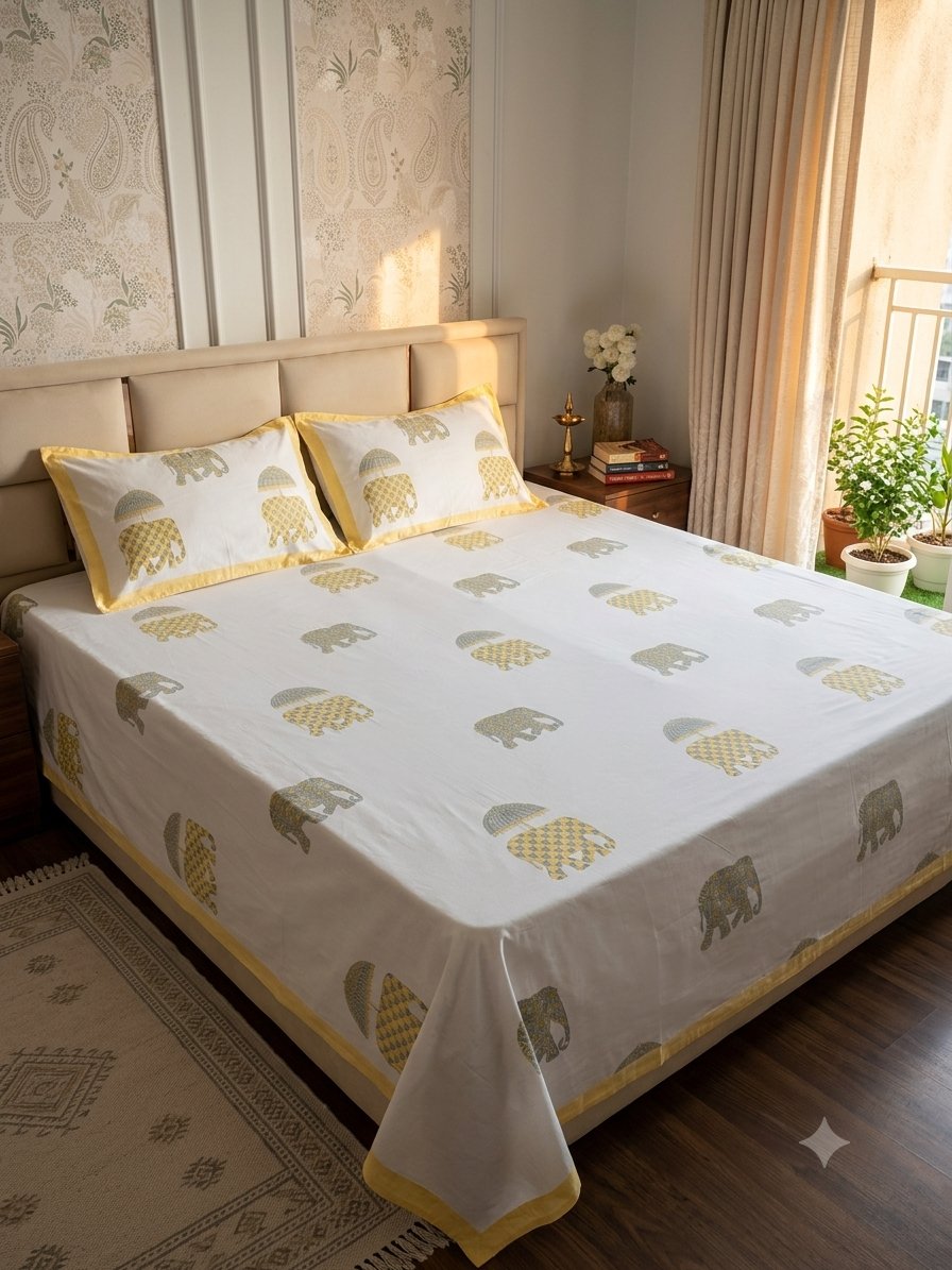 Hathii & Chhatri Sanganeri hand block printed king bedsheet — Artisan's Thread
