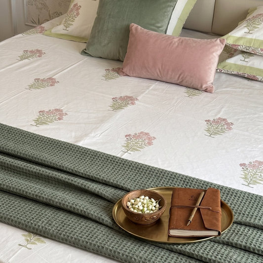 Pink & Green Sage Sanganeri hand block printed king bedsheet — Artisan's Thread