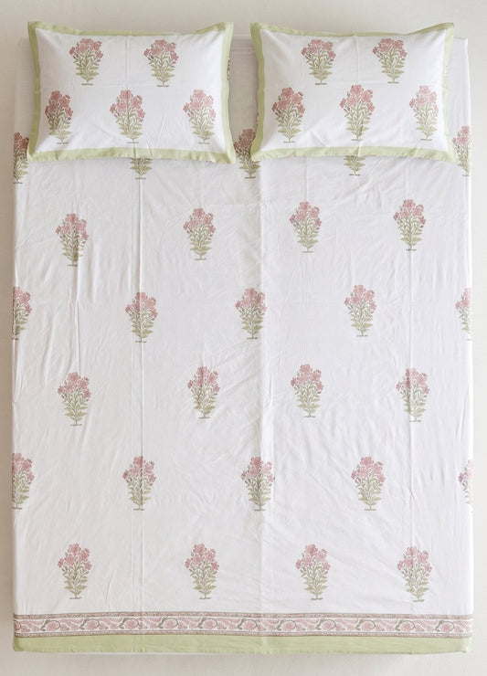 Pink & Green Sage Sanganeri hand block printed king bedsheet — Artisan's Thread