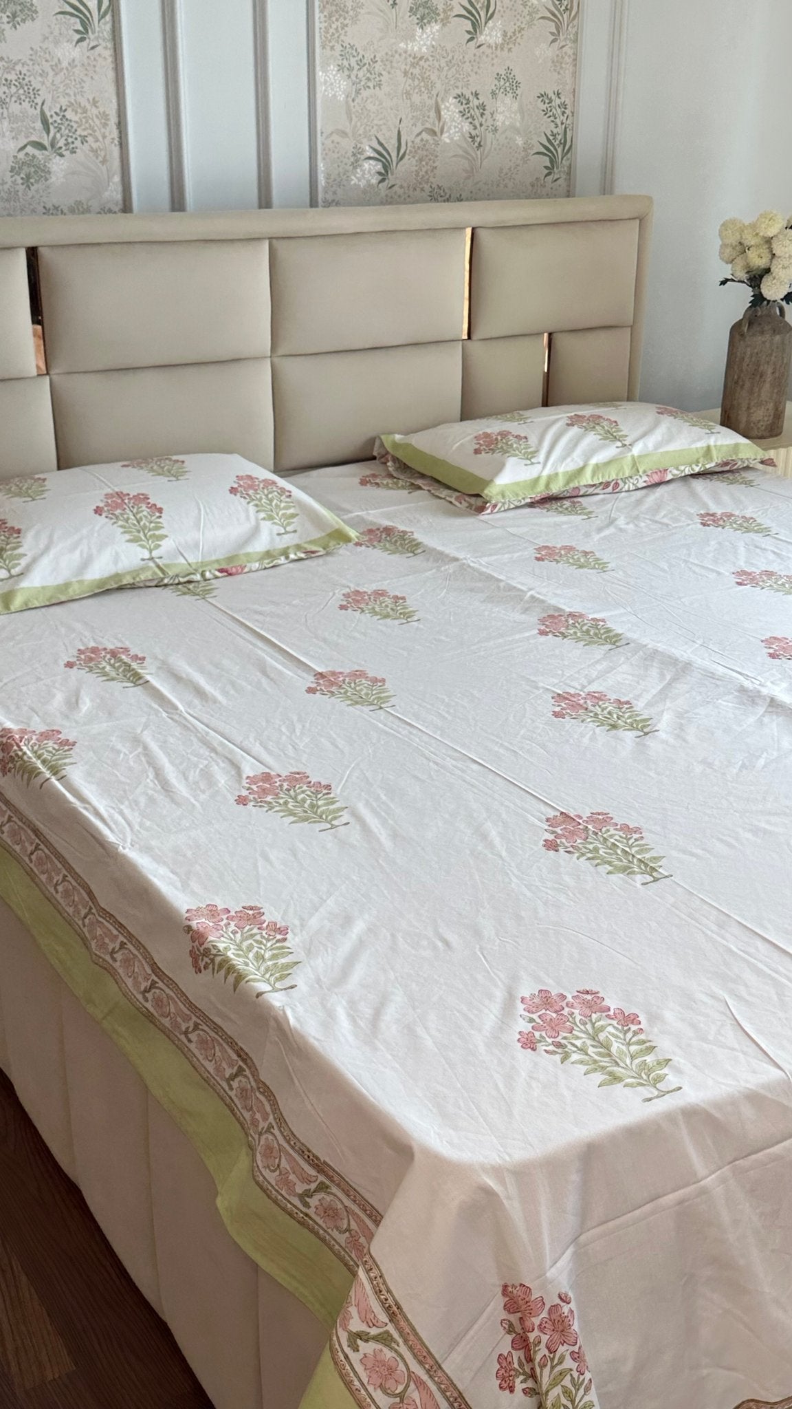 Pink & Green Sage Sanganeri hand block printed king bedsheet — Artisan's Thread