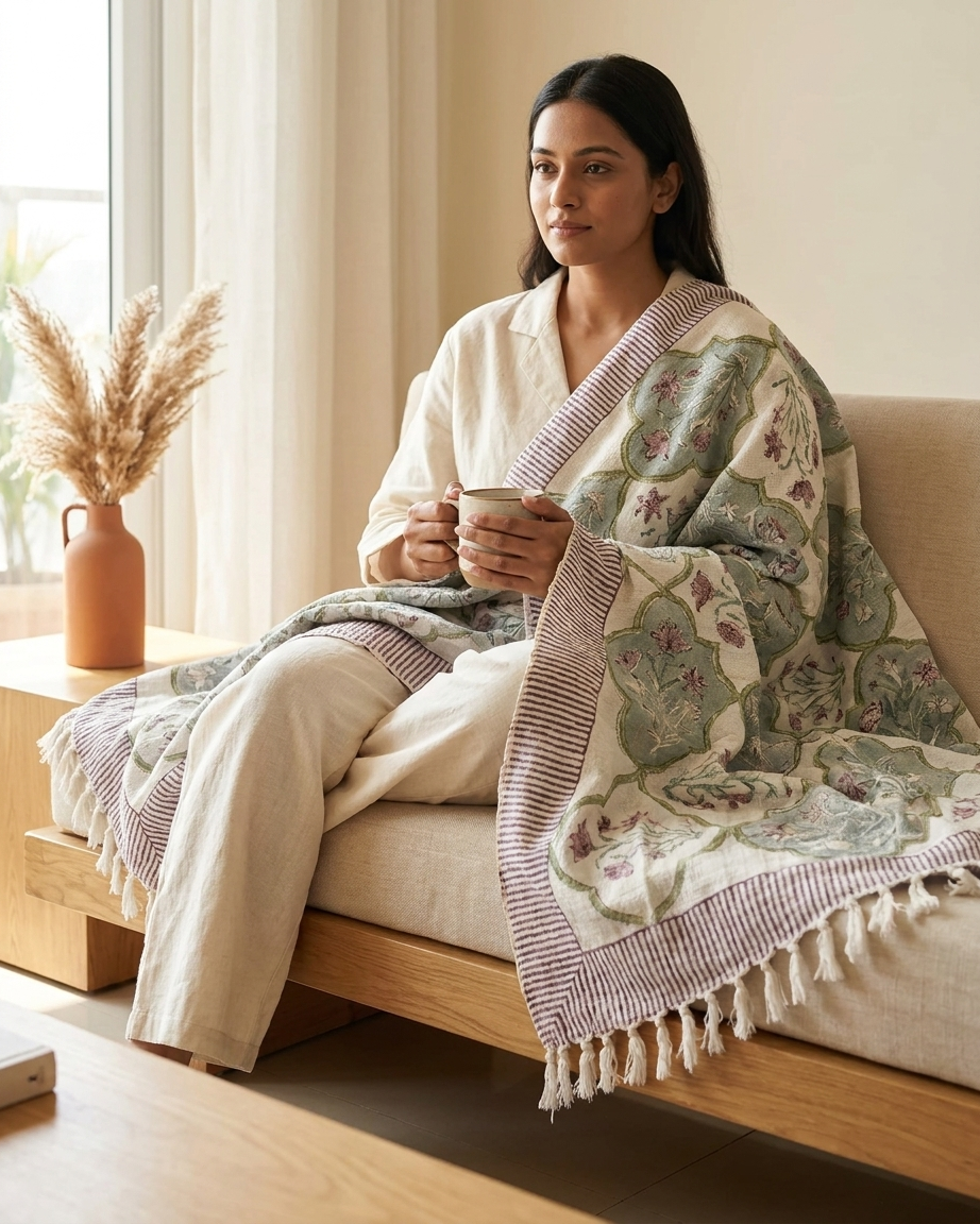 Jharoka Mosaic Jal Hand Block Printed 100% Cotton Jute Sofa Throw