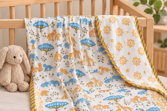 Blue Safari Savanna Reversible Hand Block Printed Mulmul Cotton Baby Dohar (40x60 in)