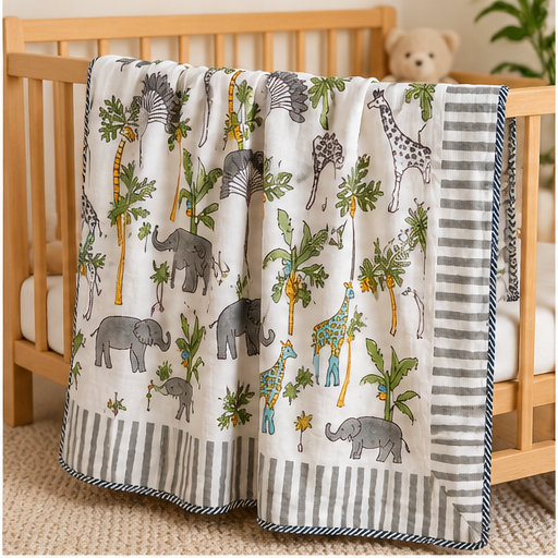 Grey Palm Safari Reversible Hand Block Printed Mulmul Cotton Baby Dohar (40x60 in)