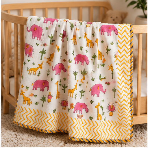 Pink Elephant & Giraffe Reversible Hand Block Printed Mulmul Cotton Baby Dohar (40x60 in)