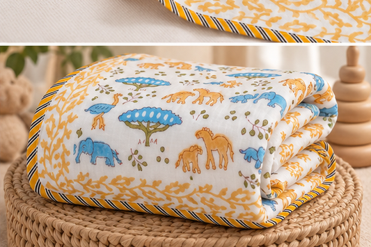 Blue Safari Savanna Reversible Hand Block Printed Mulmul Cotton Baby Dohar (40x60 in)