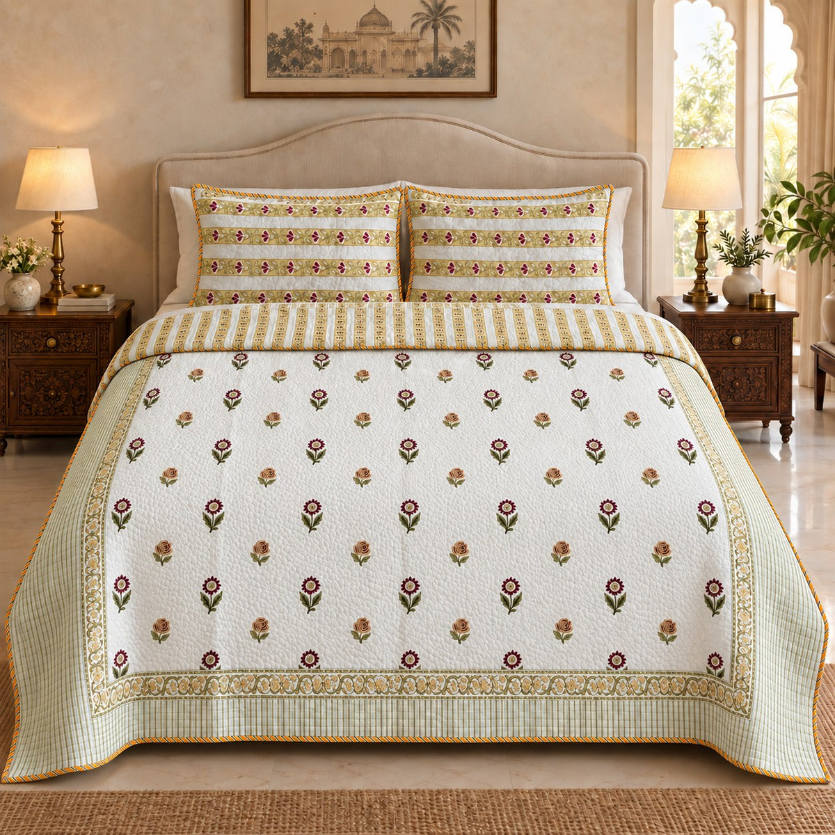 Ivory Buti Reversible Quilted Bedcover - BC_QT_KS_001 - hero