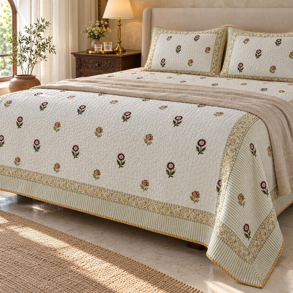 Ivory Buti Reversible Quilted Bedcover - BC_QT_KS_001 - editorial three-quarter