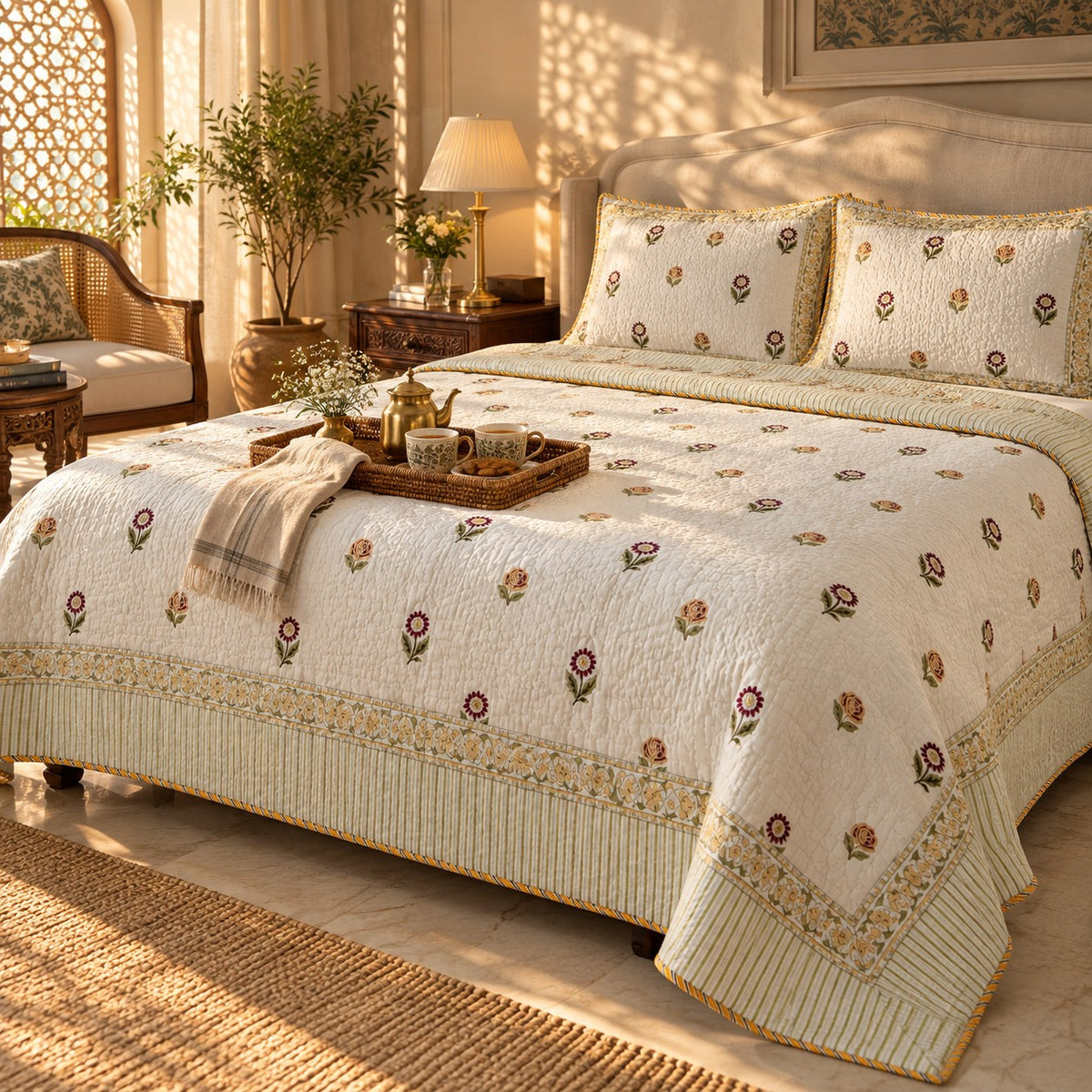 Ivory Buti Reversible Quilted Bedcover - BC_QT_KS_001 - golden hour lifestyle