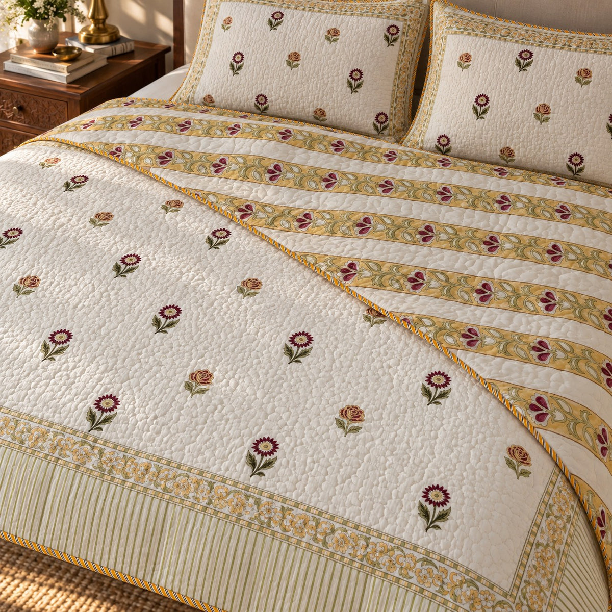 Ivory Buti Reversible Quilted Bedcover - BC_QT_KS_001 - reversible design