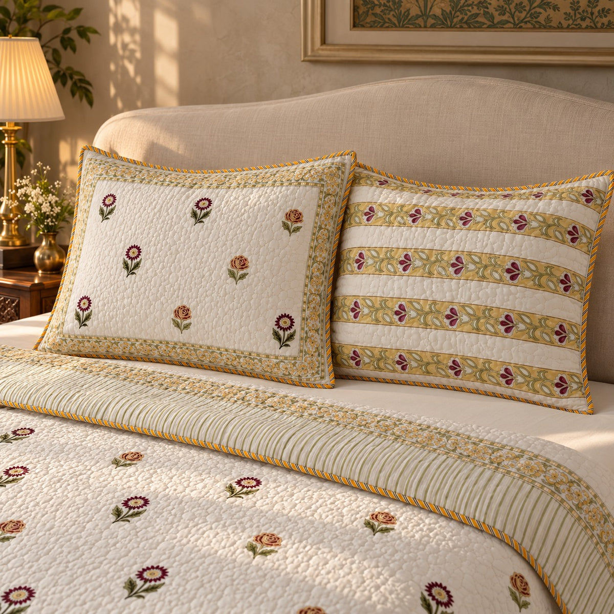 Ivory Buti Reversible Quilted Bedcover - BC_QT_KS_001 - pillow covers