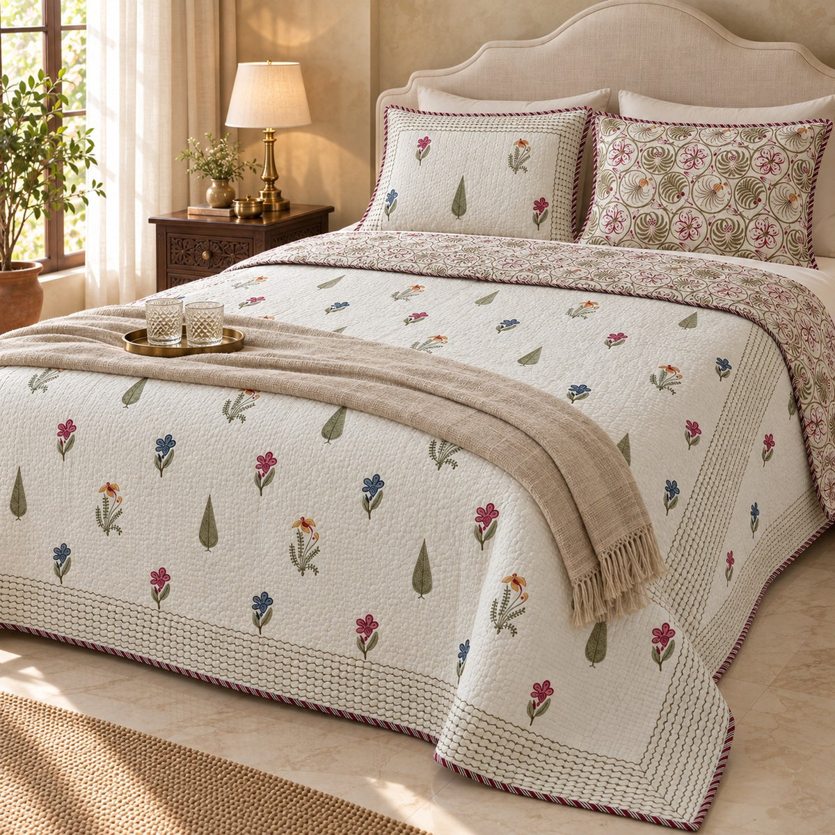 Meadow Buti Reversible Quilted Bedcover - BC_QT_KS_002 - editorial three-quarter