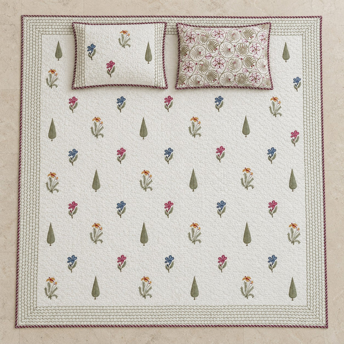 Meadow Buti Reversible Quilted Bedcover - BC_QT_KS_002 - full print flat lay