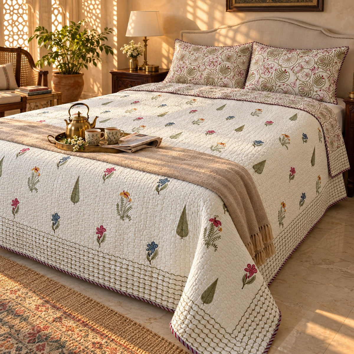 Meadow Buti Reversible Quilted Bedcover - BC_QT_KS_002 - golden hour lifestyle
