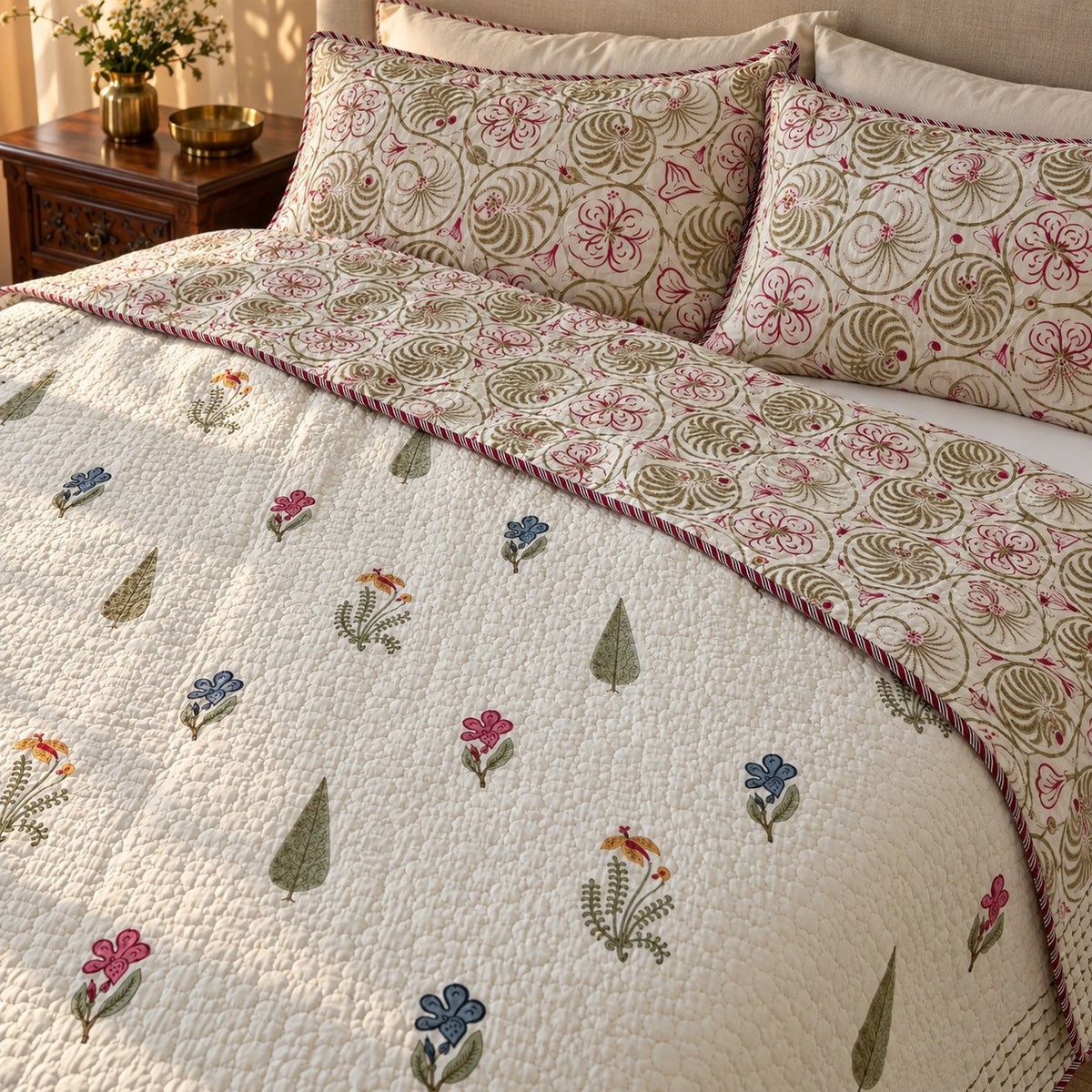 Meadow Buti Reversible Quilted Bedcover - BC_QT_KS_002 - reversible design