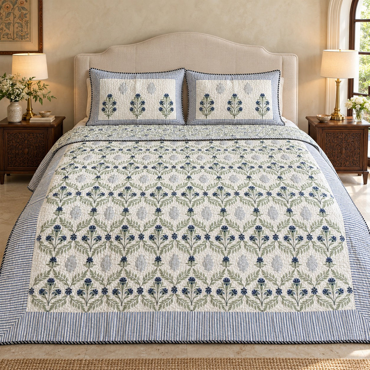 Indigo Jaal Reversible Quilted Bedcover - BC_QT_KS_003 - hero