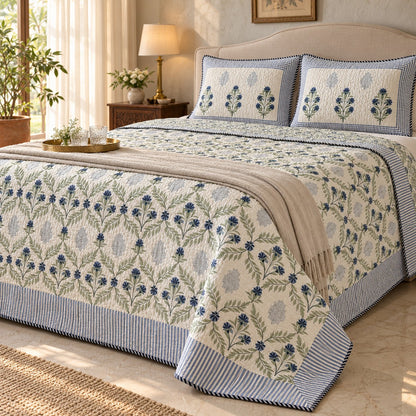 Indigo Jaal Reversible Quilted Bedcover - BC_QT_KS_003 - editorial three-quarter