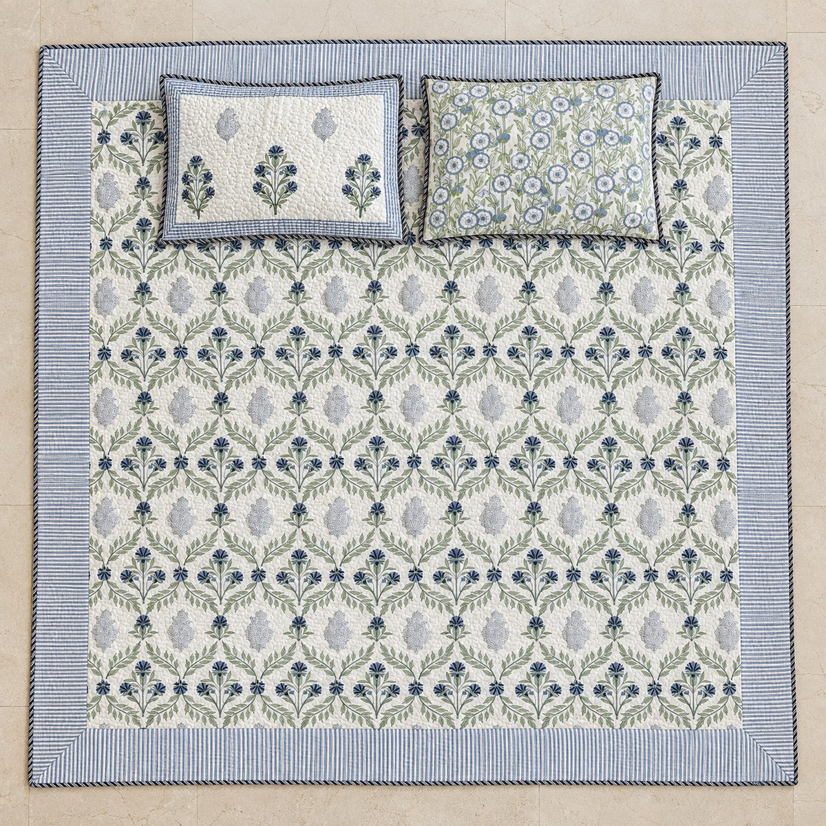 Indigo Jaal Reversible Quilted Bedcover - BC_QT_KS_003 - full print flat lay