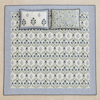 Indigo Jaal Reversible Quilted Bedcover - BC_QT_KS_003 - full print flat lay