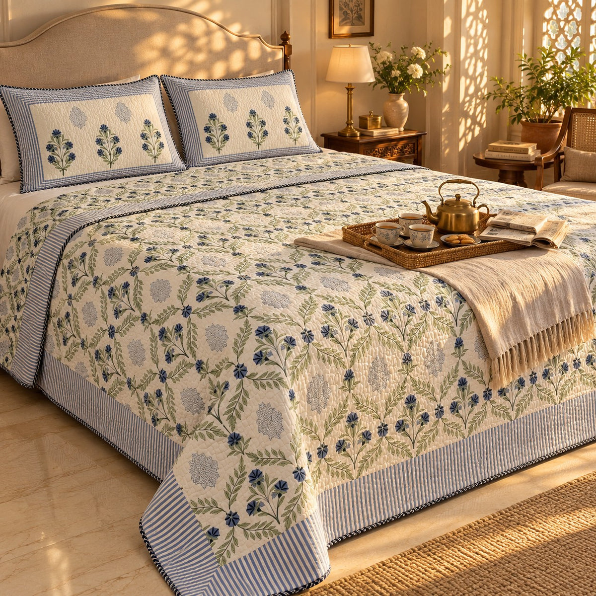 Indigo Jaal Reversible Quilted Bedcover - BC_QT_KS_003 - golden hour lifestyle