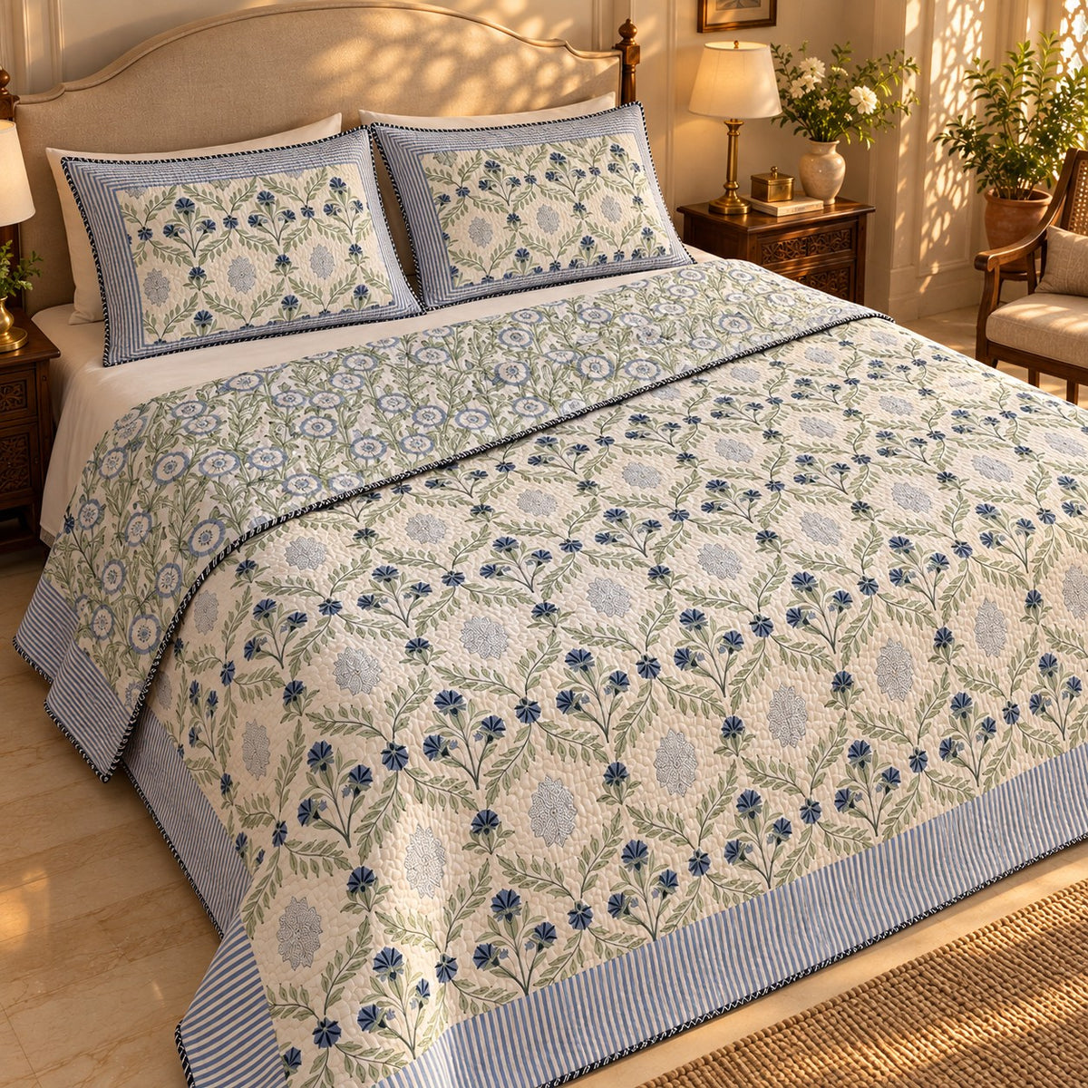 Indigo Jaal Reversible Quilted Bedcover - BC_QT_KS_003 - reversible design