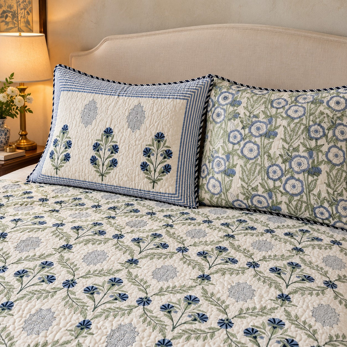 Indigo Jaal Reversible Quilted Bedcover - BC_QT_KS_003 - pillow covers