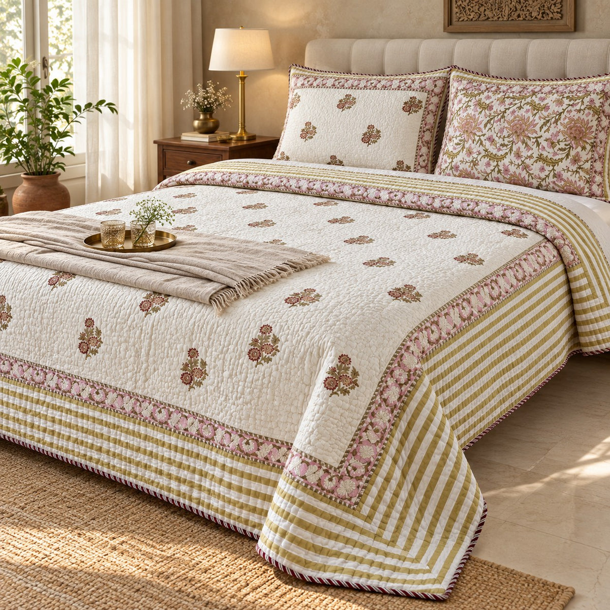 Rose Posy Reversible Quilted Bedcover - BC_QT_KS_004 - editorial three-quarter