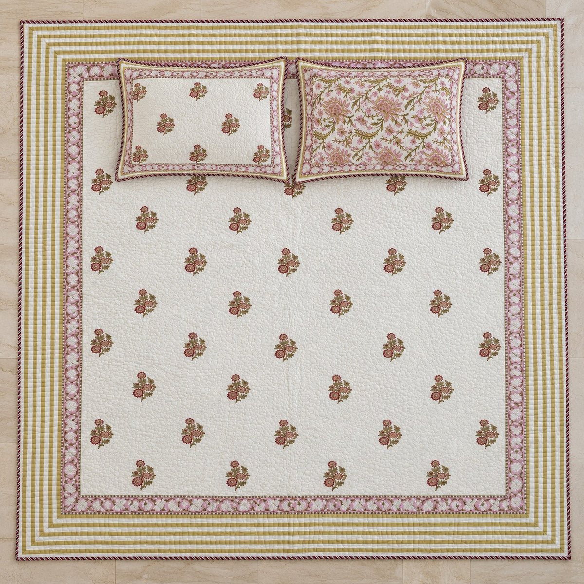 Rose Posy Reversible Quilted Bedcover - BC_QT_KS_004 - full print flat lay