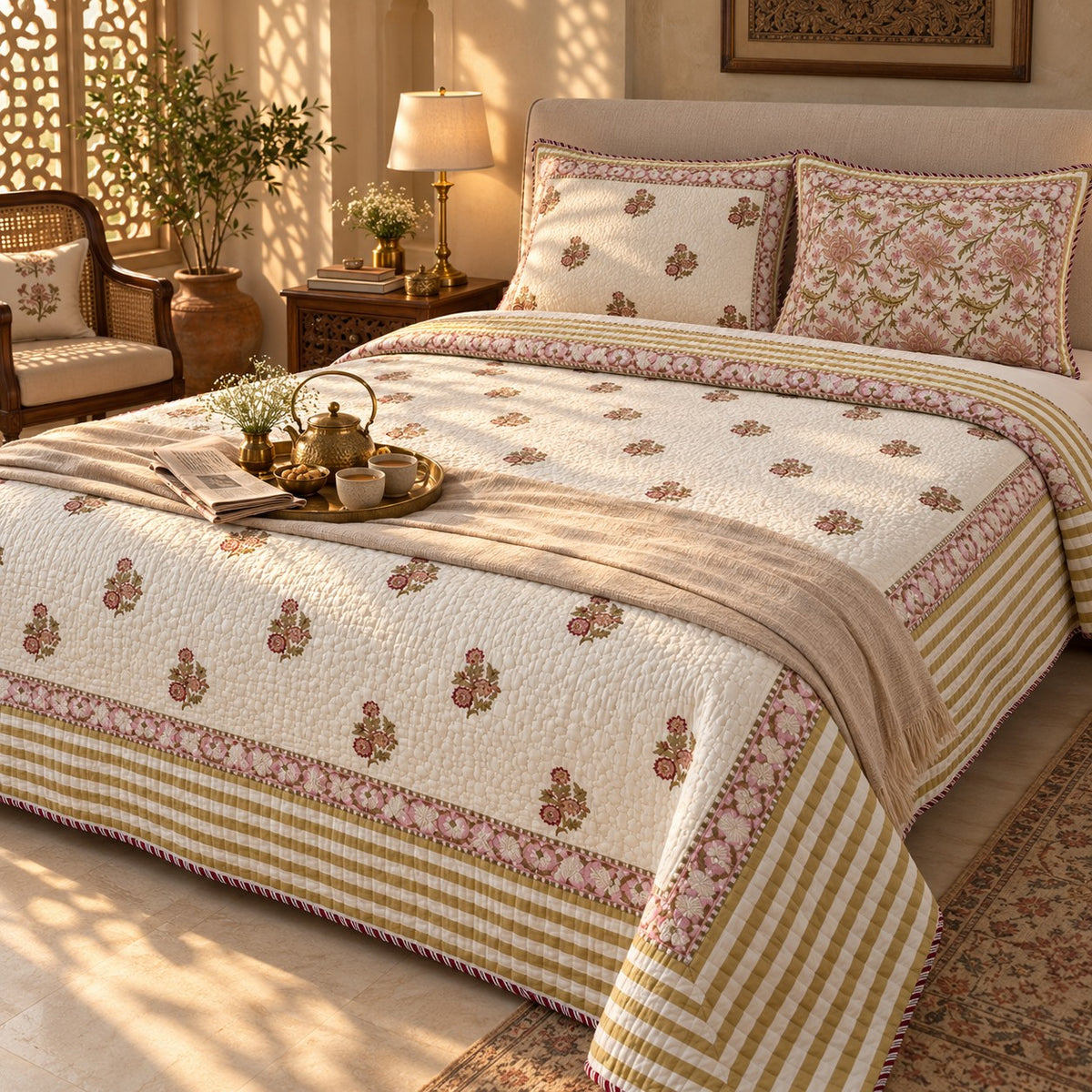Rose Posy Reversible Quilted Bedcover - BC_QT_KS_004 - golden hour lifestyle
