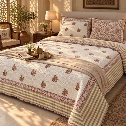 Rose Posy Reversible Quilted Bedcover - BC_QT_KS_004 - golden hour lifestyle