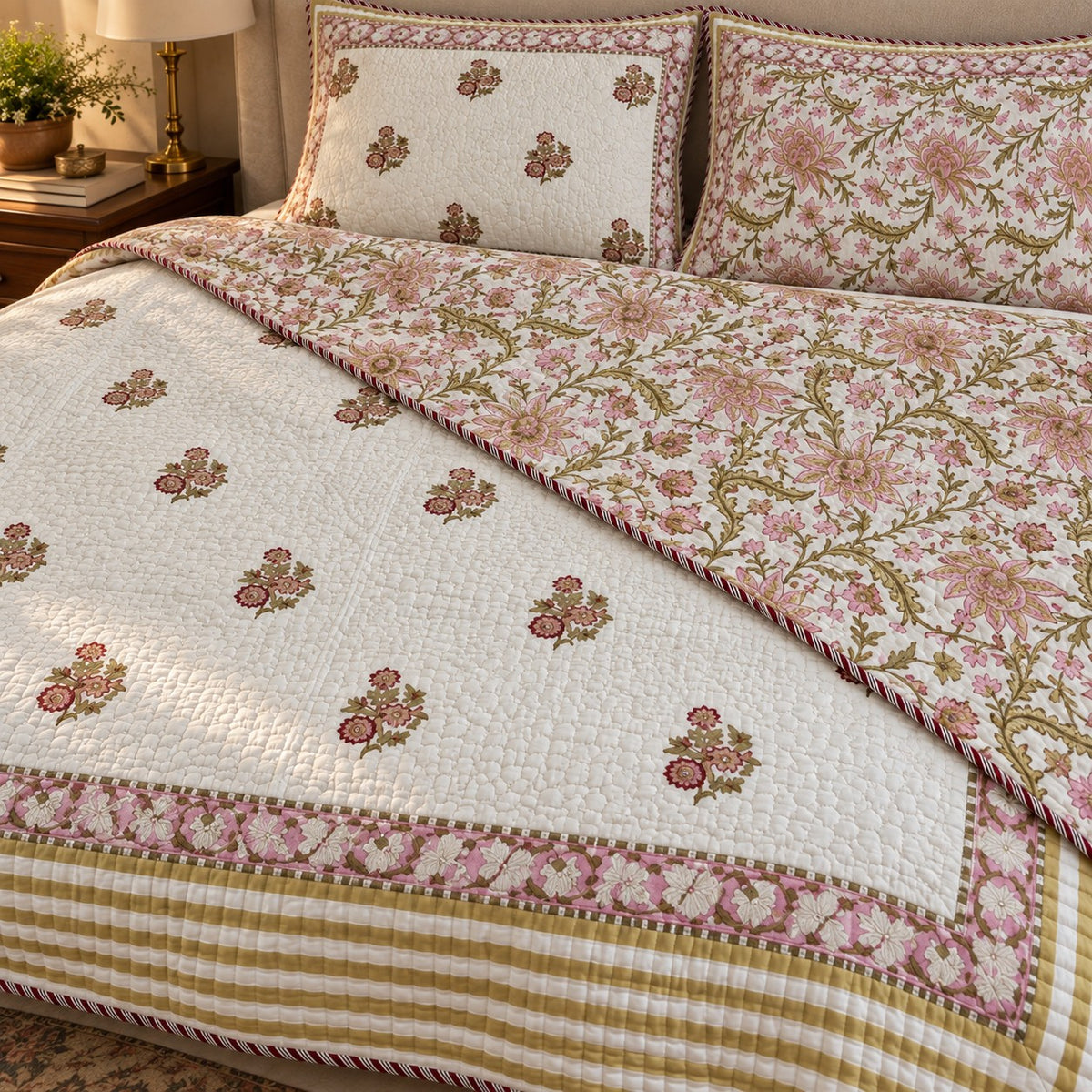 Rose Posy Reversible Quilted Bedcover - BC_QT_KS_004 - reversible design